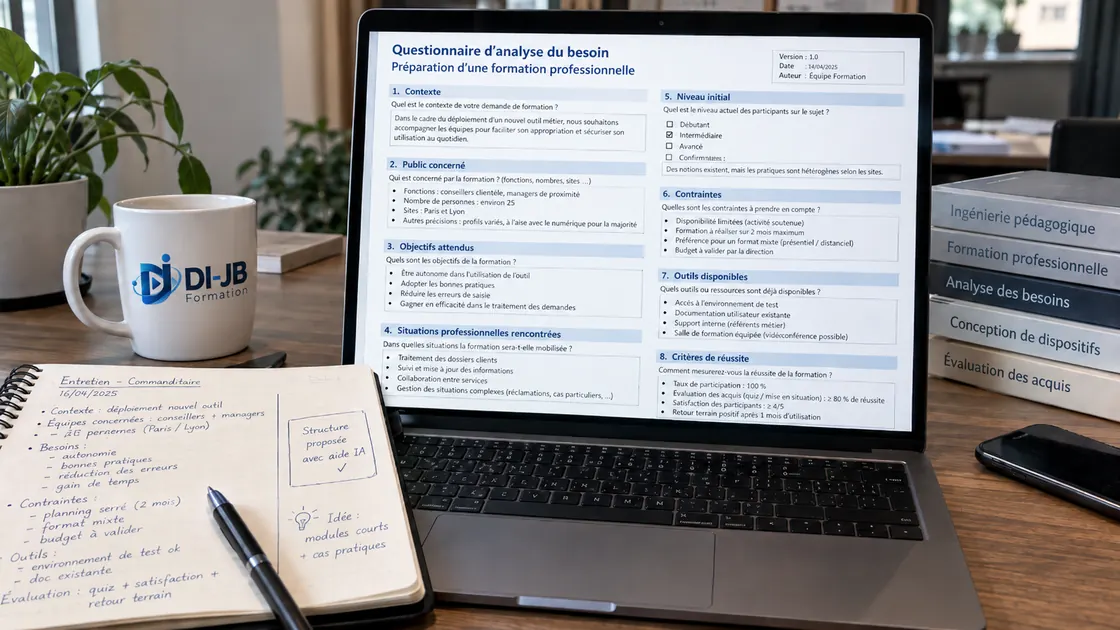 Sur un ordinateur portable, un questionnaire d’analyse du besoin en huit rubriques : contexte, public, objectifs, situations professionnelles, niveau initial, contraintes, outils, critères de réussite. À côté, les notes manuscrites de l’entretien avec le commanditaire.