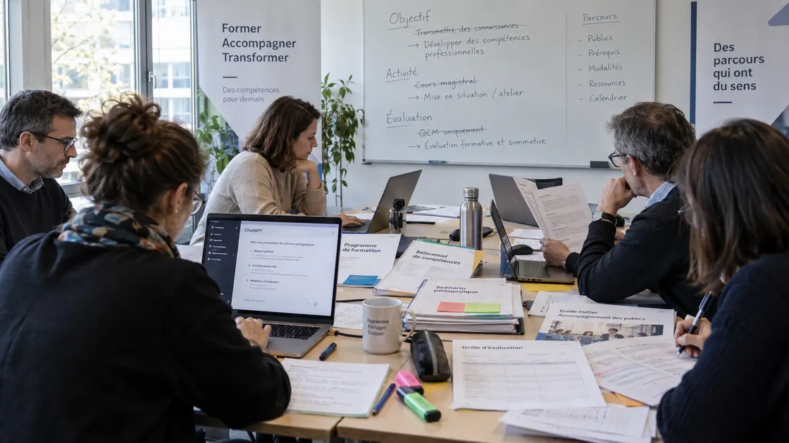 Cinq formateurs en atelier autour d’une table couverte de programmes, scénarios et grilles d’évaluation. Au tableau blanc, « Transmettre des connaissances » est barré et réécrit en « Développer des compétences professionnelles ».