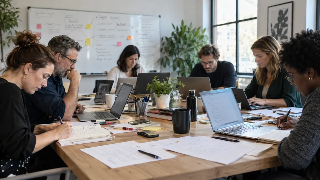 Six formateurs en atelier autour d’une grande table en bois, chacun sur son ordinateur ou ses notes, devant un tableau blanc couvert de schémas et de post-it.