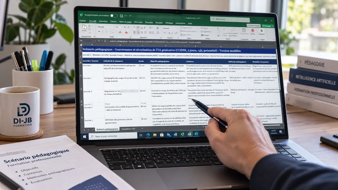 Un formateur pointe au stylo une ligne d’un scénario pédagogique ouvert dans Excel : colonnes séquence, durée, objectifs pédagogiques, contenus, méthodes et modalités d’évaluation.
