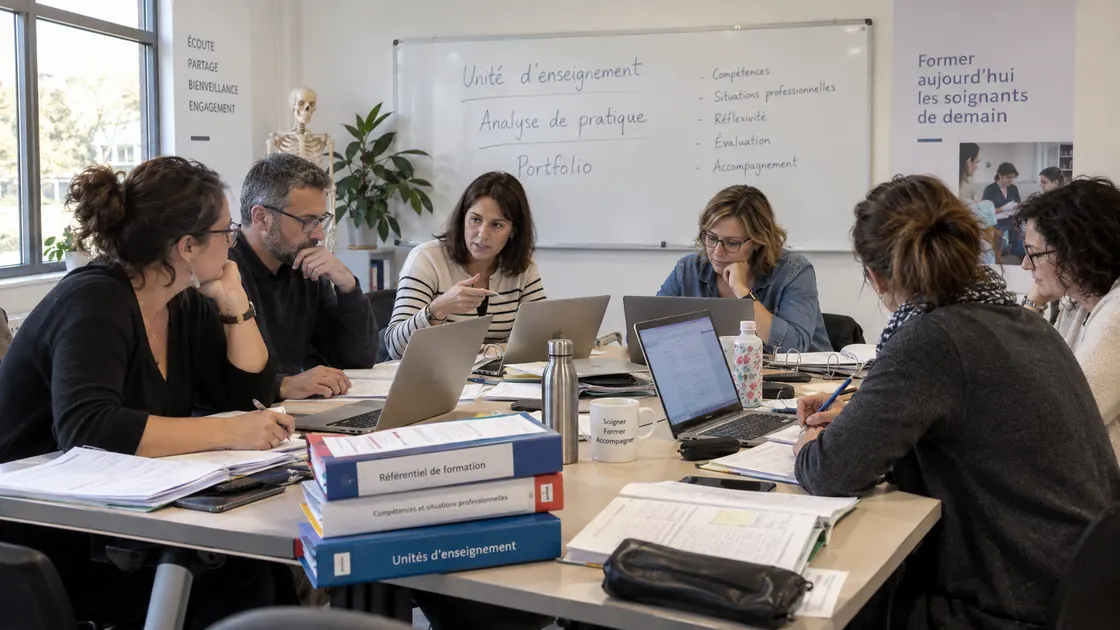 Six formateurs d’un institut de formation en santé autour d’une table, ordinateurs ouverts, avec les classeurs référentiel de formation, compétences et unités d’enseignement. Au tableau : unité d’enseignement, analyse de pratique, portfolio.